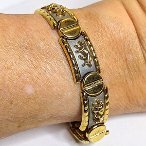 Gold Tone Vintage Damascene Inspired Panel Bracelet Panel Link Braclet 8 inches